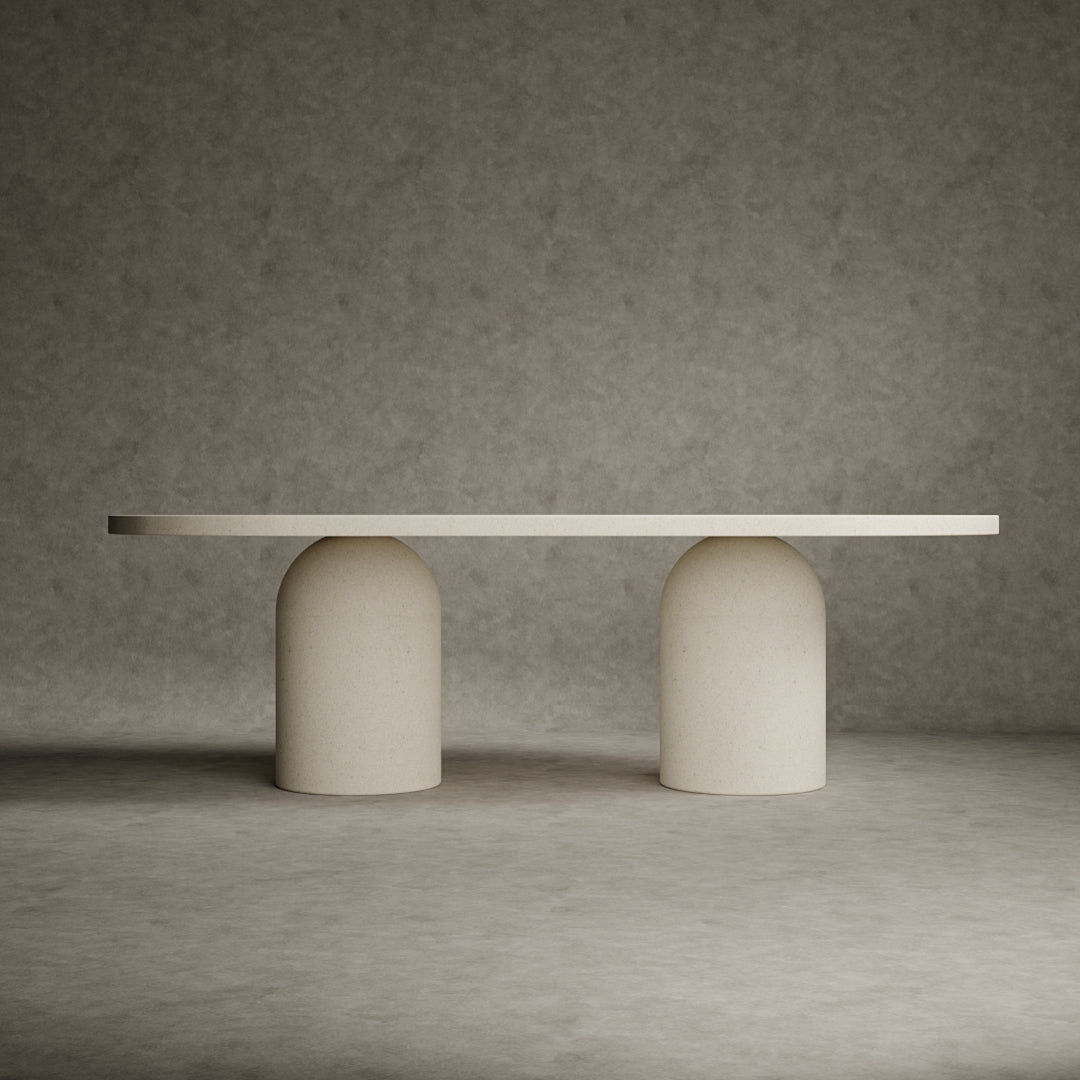 Tenga Micro Concrete Dining Table with a semicircular table top.