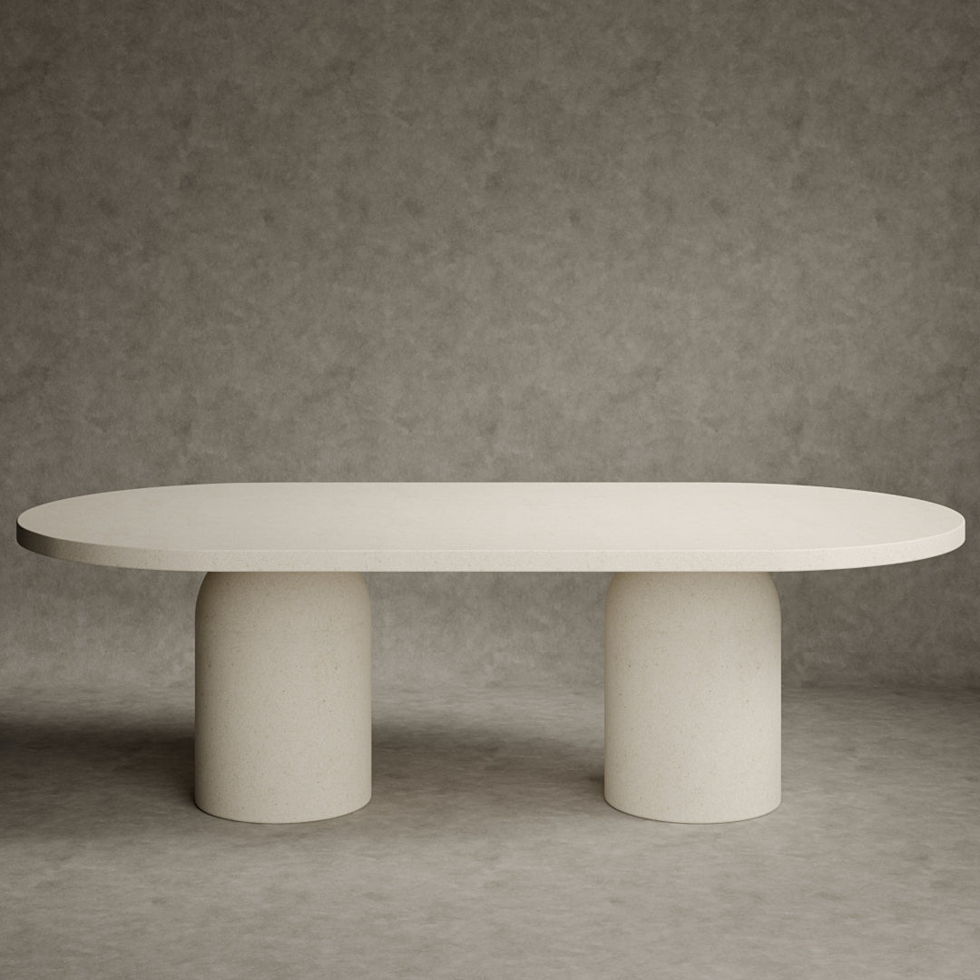 Tenga Micro Concrete Dining Table with a semicircular table top.