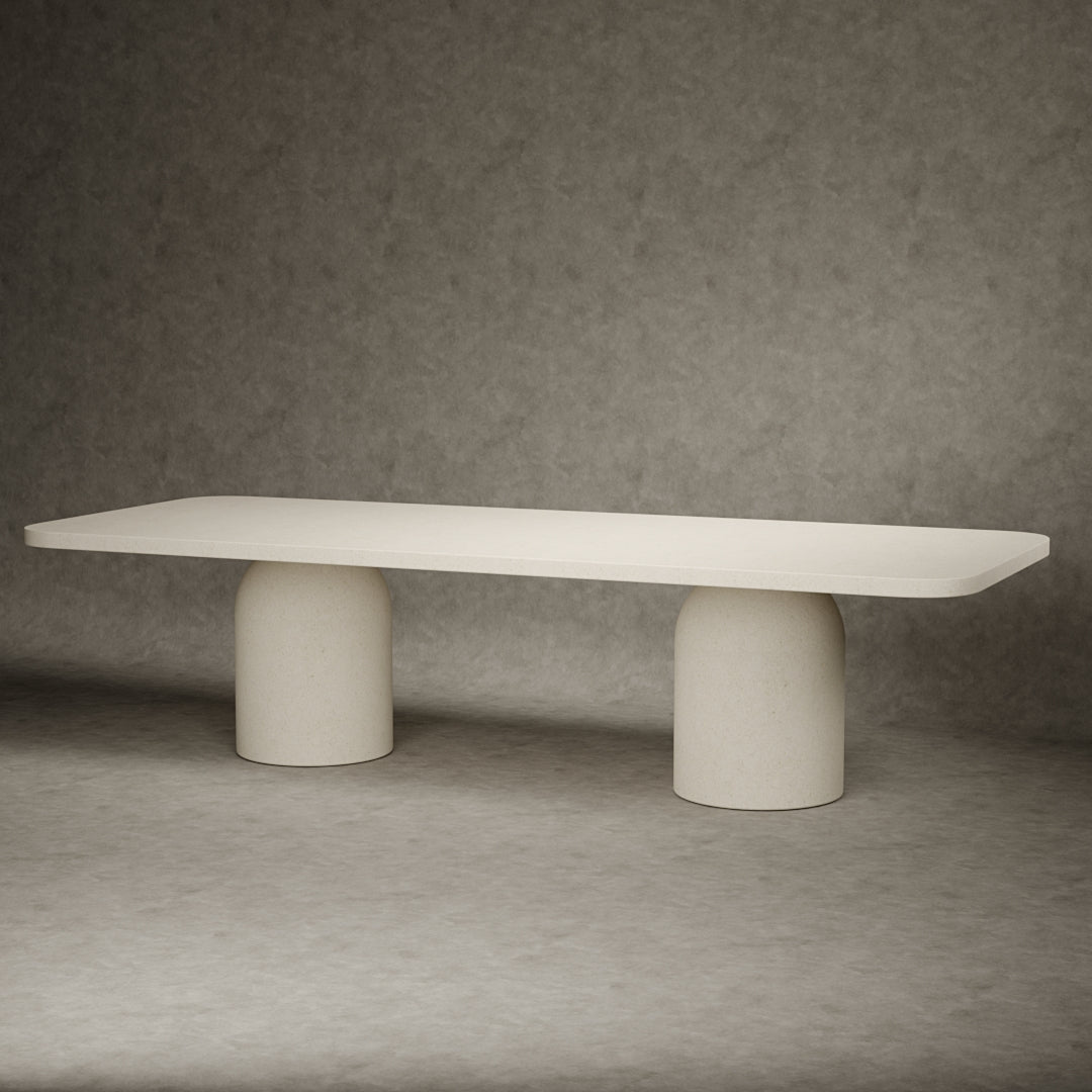 Micro concrete dining table of Adansonia is 300 cm long and 120 cm wide with a rectangular table top.