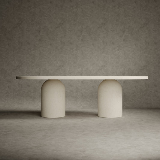 Micro concrete dining table of Adansonia is 240 cm long and 120 cm wide with a semicircular table top.