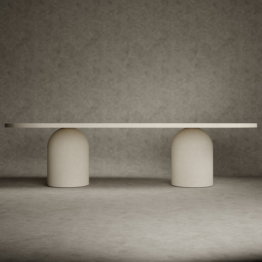 Micro concrete dining table of Adansonia is 300 cm long and 120 cm wide with a semicircular table top.